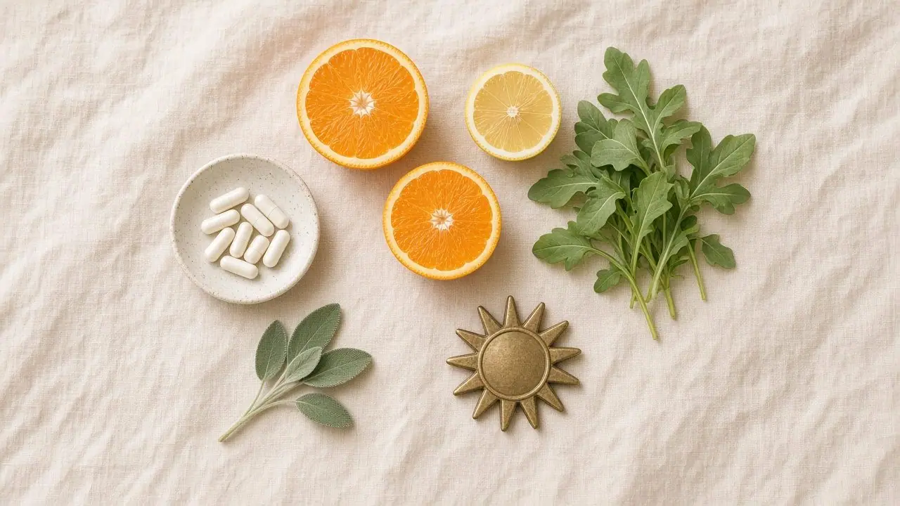 Ovamora ingredients capsules and bottle on natural surface