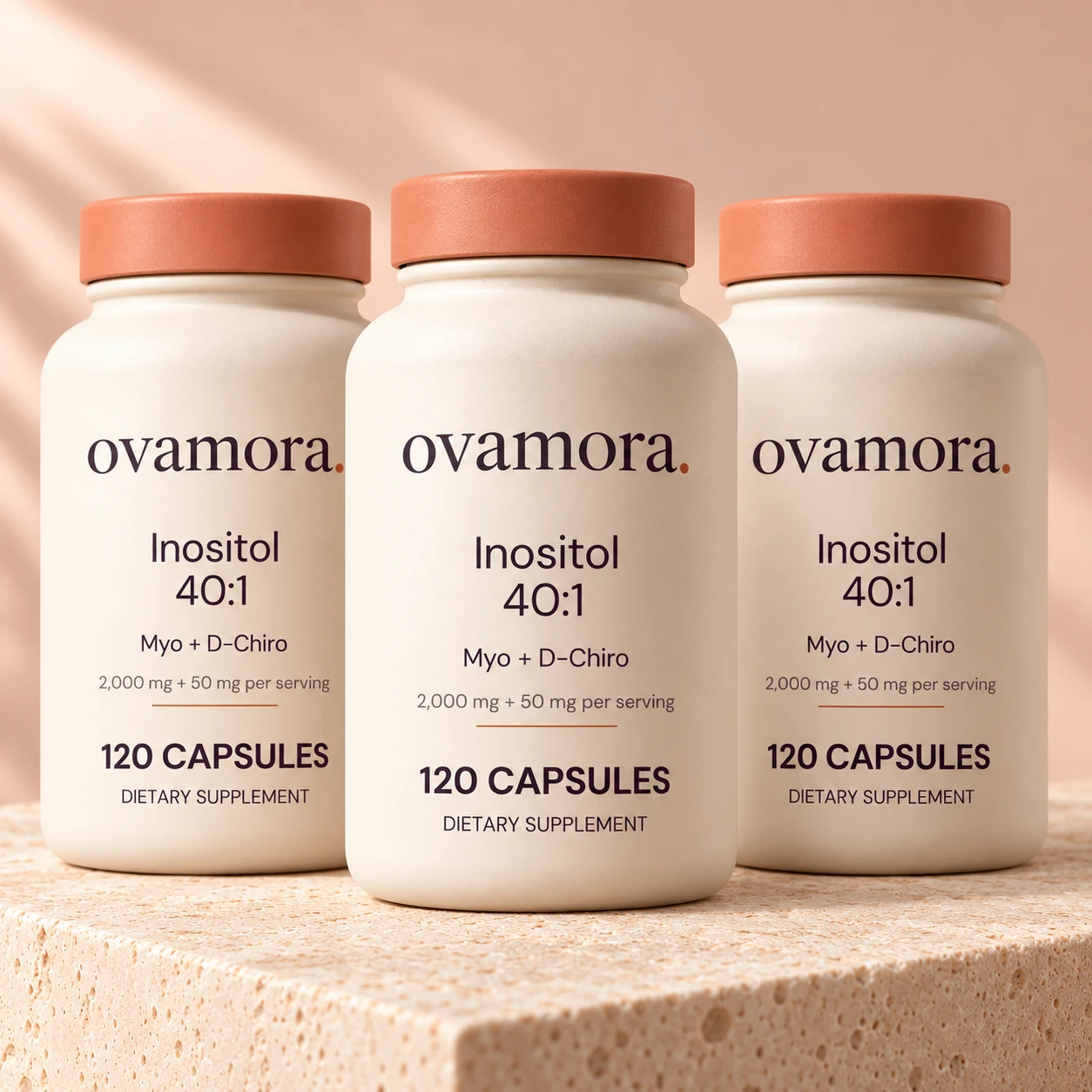 Three Ovamora Inositol bottles, each containing 120 capsules