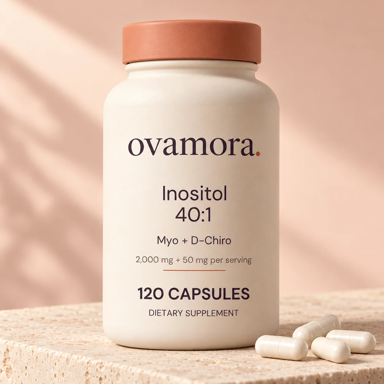 Ovamora Inositol 40:1 bottle with the 120-capsule label